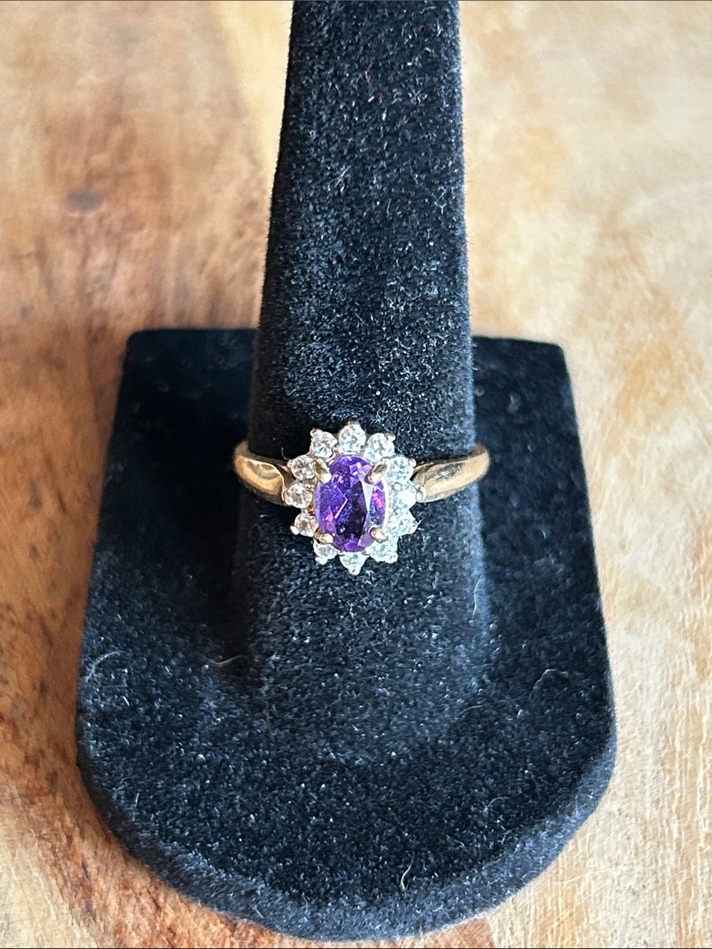 Gold Ring with Purple Center Stone and Diamond Halo